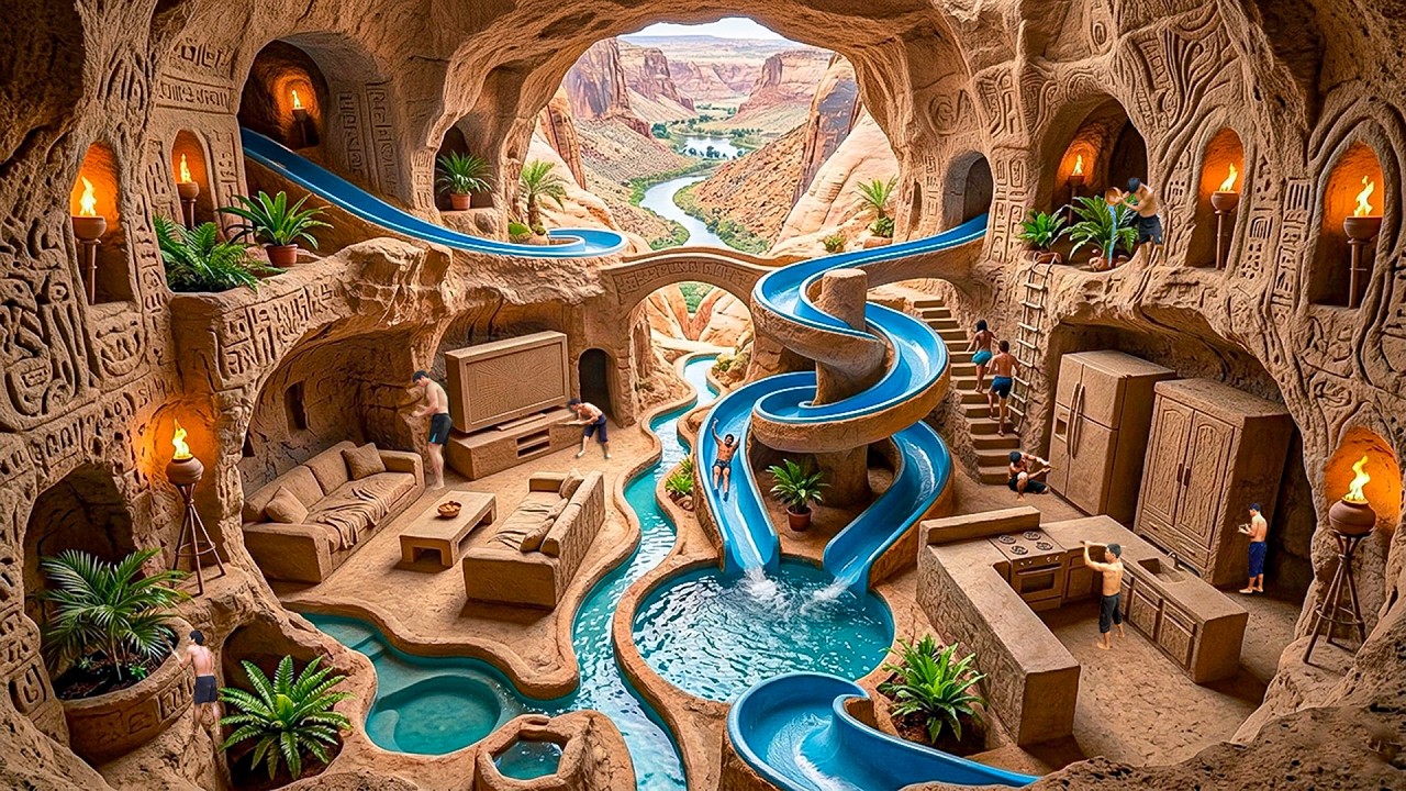 Building a 2-Story Ancient Cave Dwelling with Multi-Tier Pool Waterfall Using Primitive Tools