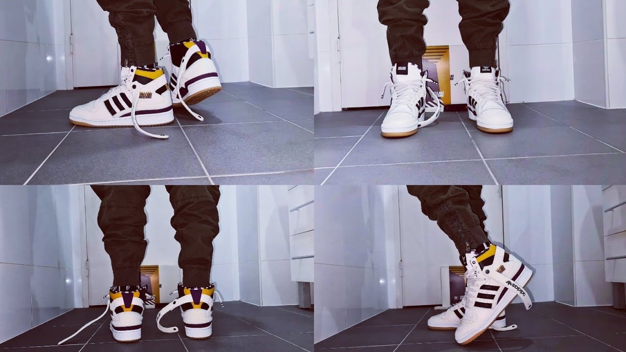 Adidas Forum 84 HI Girls Are Awesome Shoes Chalk White Core Black Purple Beauty on feet