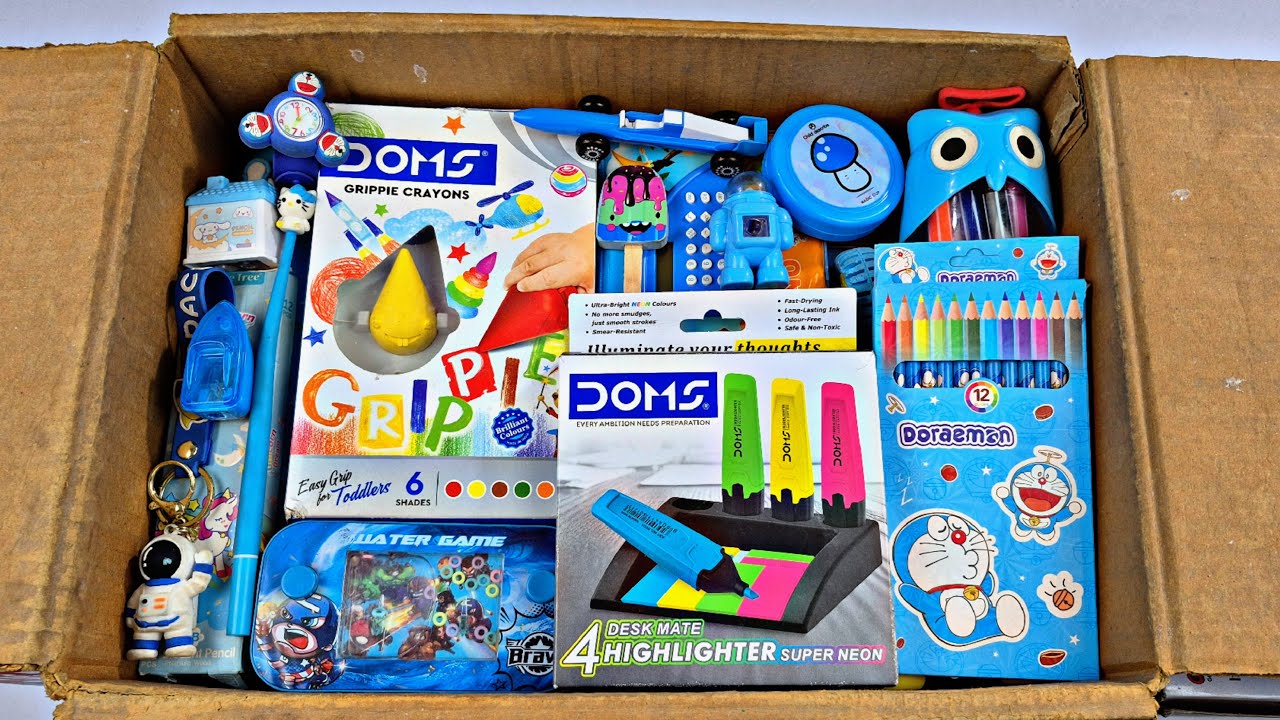 Unboxing Blue Stationary Collaction 😍Geometry, Eraser, Sharpner, Keychain, Pouch, Watergame, Dairy