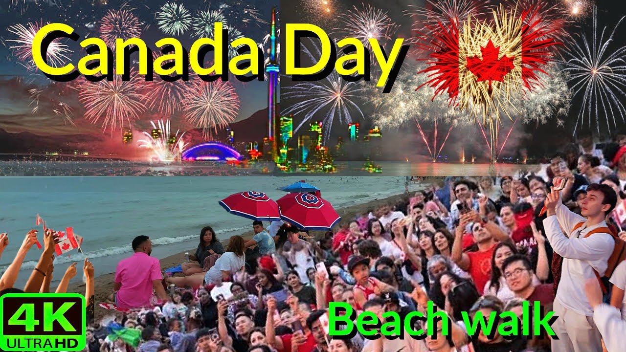 【4K】CANADA DAY FIREWORKS TORONTO | HUGE CROWDS AT WOODBINE BEACH | BEACH WALK