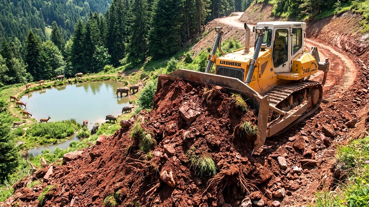 Powerful Bulldozer Carving Narrow Mountain Road on High Cliff Edge Construction Project