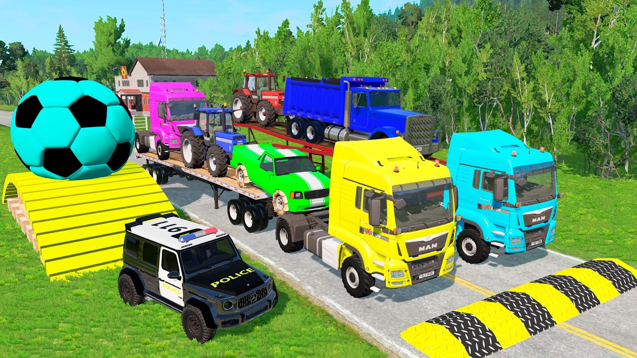 Triple Flatbed Trailer McQueen Transportation with Truck - Speedbumps vs Cars vs Train - BeamNG #