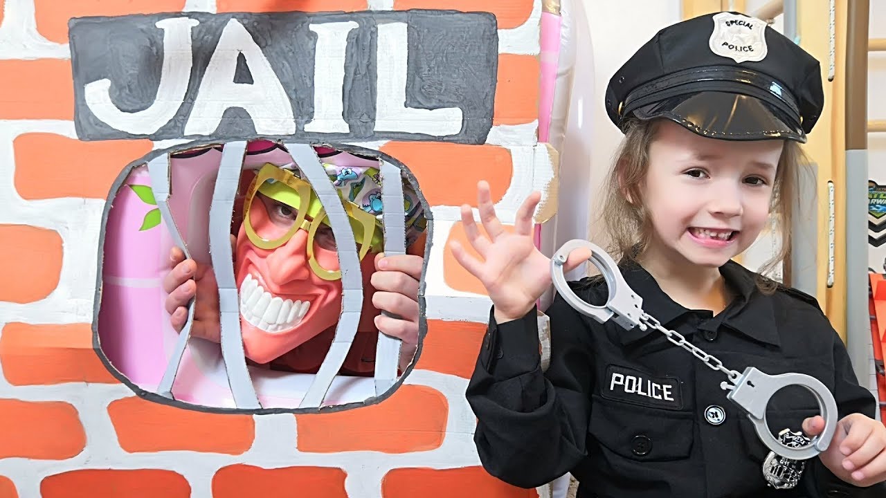 Ulya playing as Cop LOCKED UP Papa in Jail Playhouse Toy for Kids