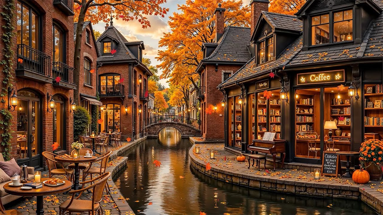 Fall Morning at Charming Coffee Shop Ambience by Riverside 🍂 Smooth Autumn Jazz Melodies for Work