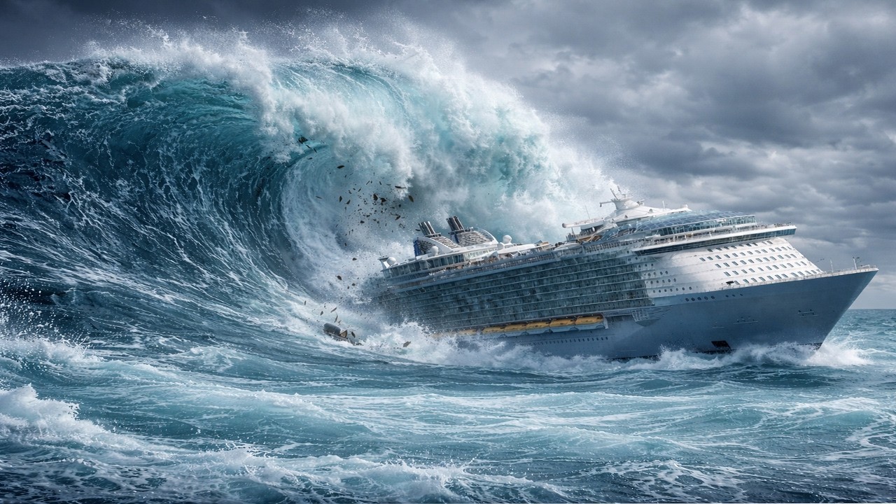 Cruise Ship Disaster Giant Tsunami Wall Swallows Everything  Realistic 4K
