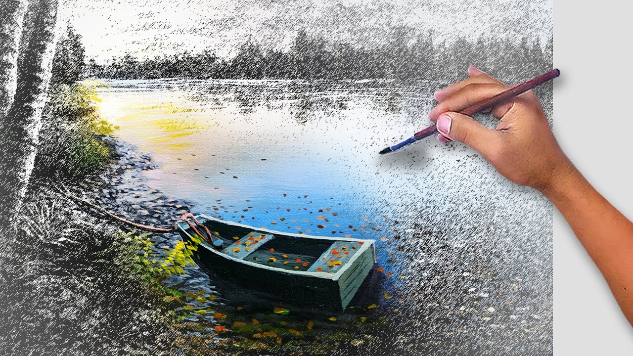 Acrylic Landscape Painting Tutorial Time-lapse / Lake with Boat during Sunrise / Fine Art