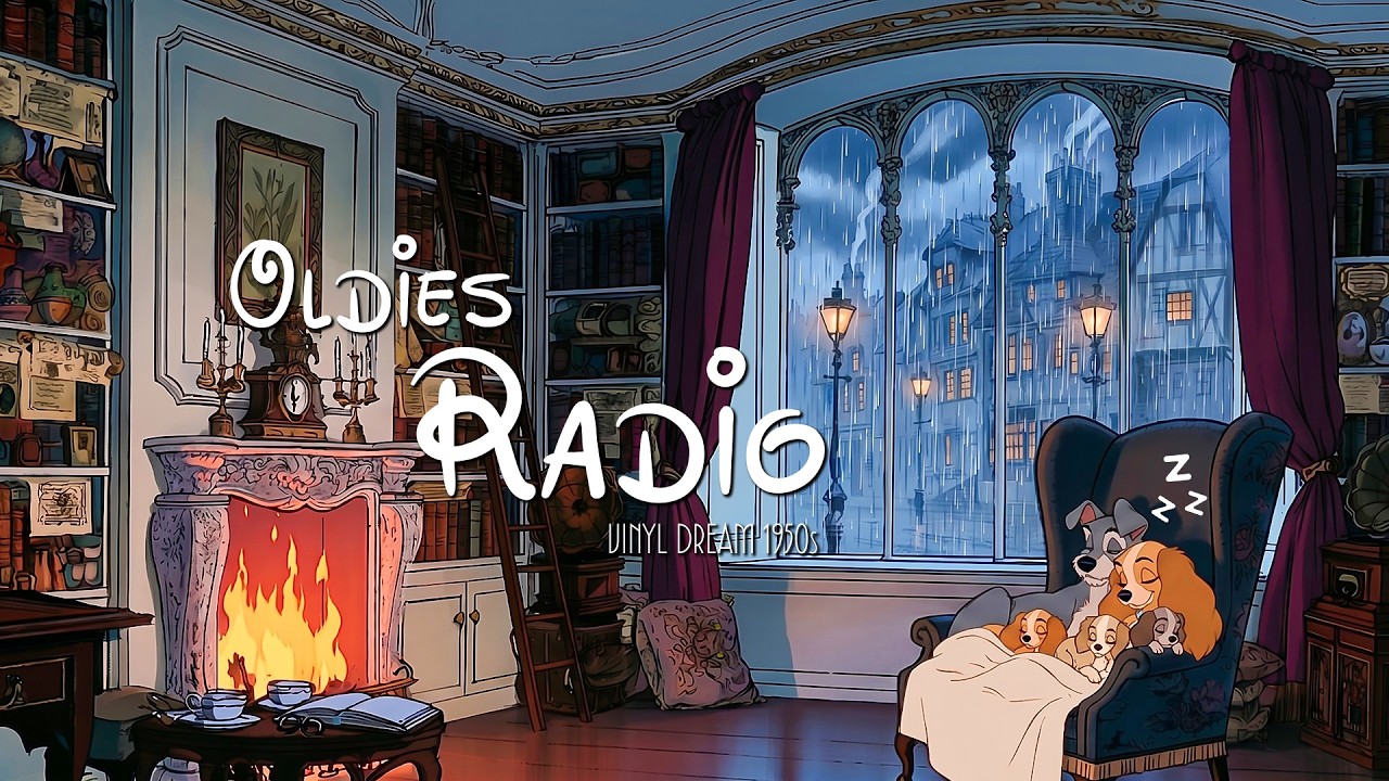 1950s Summer Oldies Playing in Another Room | Fall Asleep to Soft Rain in a Cozy Library 🌧️🔥