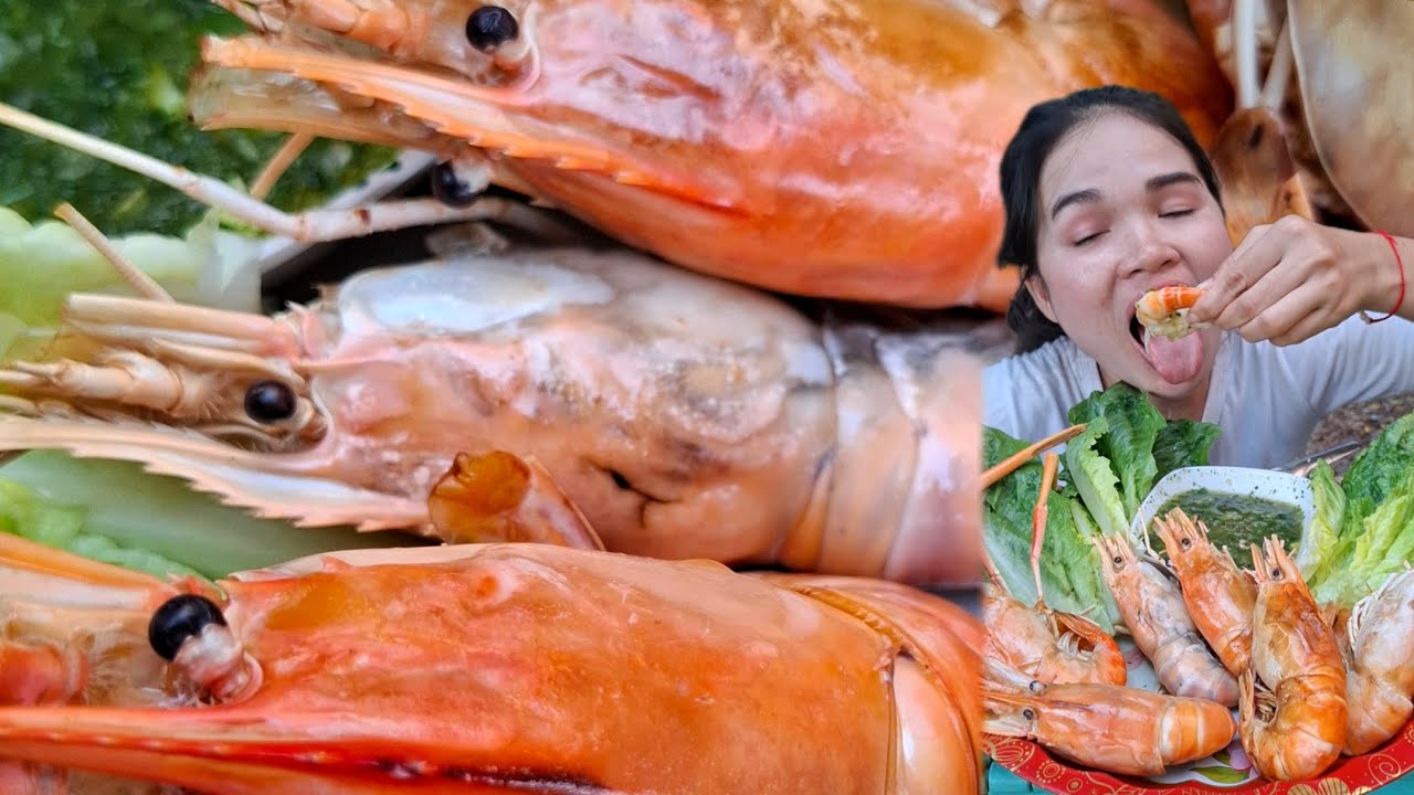 กินกุ้งเผาตัวใหญ่น้ำจิ้มชีฟุ๊ดรสเด็ดผักสด