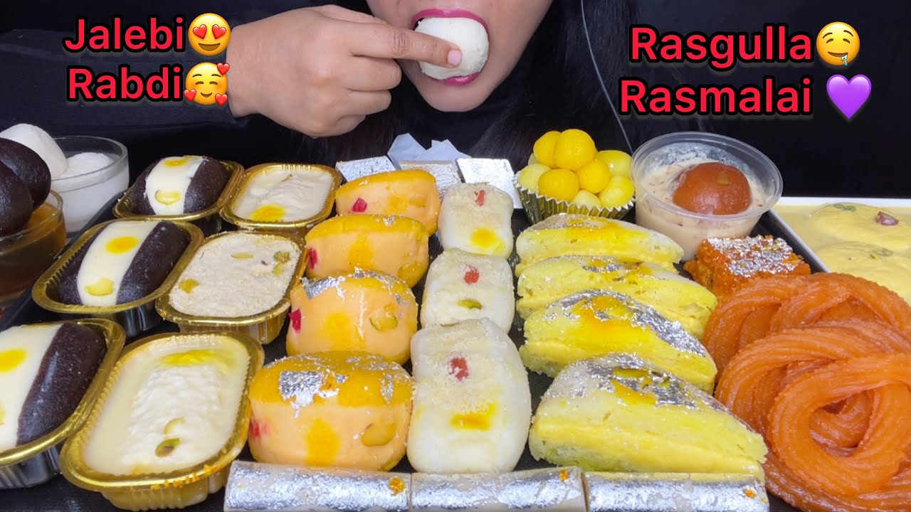 ASMR:EATING RASMALAI,RASGULLA,MALAI CHUMCHUM,PANEER JALEBI,RABDI *INDIAN SWEETS* FOOD EATING VIDEOS