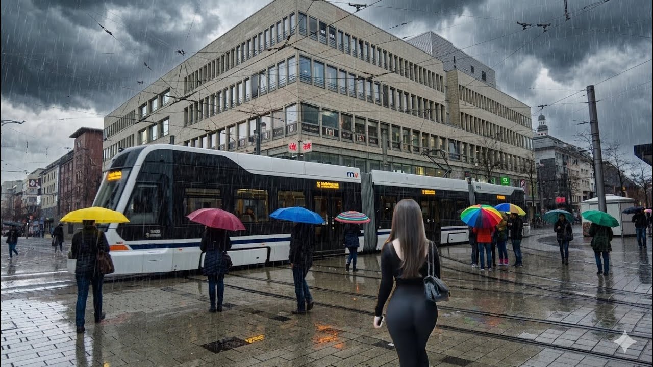 Mannheim Rain Walk 🇩🇪 | Relaxing City Walk in the Rain 4K