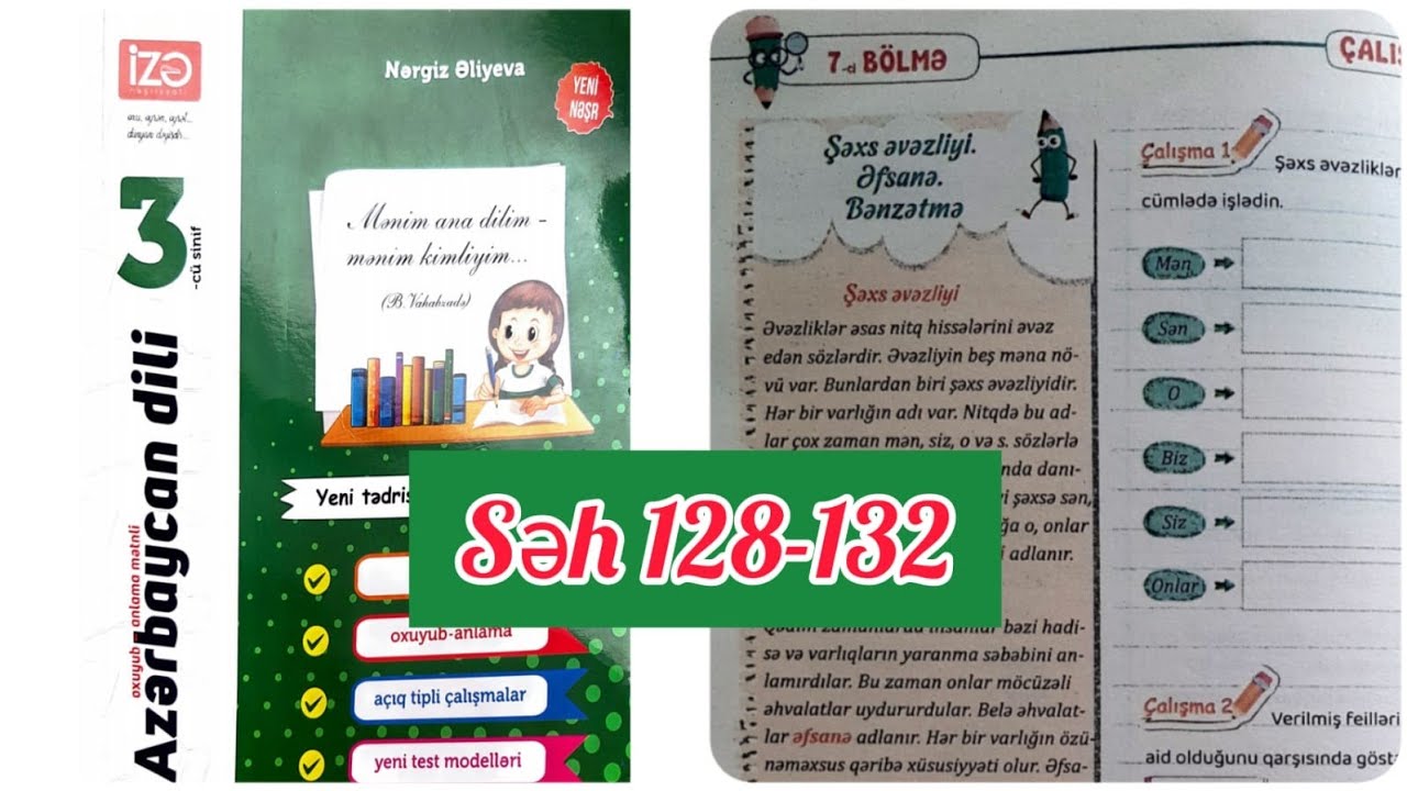 3-cü sinif Azərbaycan dili İzə səh 128,129,130,131,132. Şəxs əvəzliyi. Əfsanə. Bənzətmə