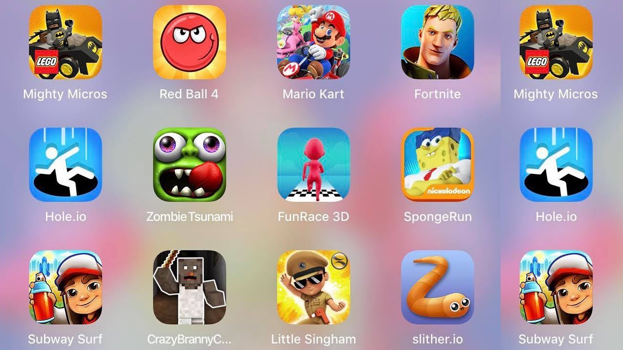 Mighty Micros,Red Ball 4,Crazy Branny,Little Singham,Fortnite,Mario Kart,Slither,Subway Surf,Hole.io