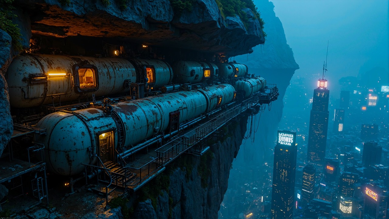 Cyberpunk Cliffside Base 🌌 | Futuristic Outpost on the Edge & Neon City Lights | 4K
