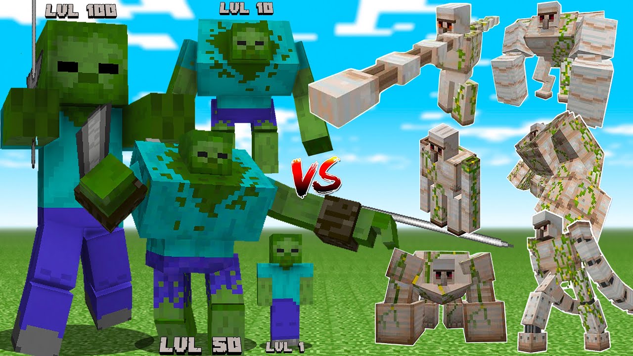 ZOMBIES LVL 1 to 100 vs All IRON GOLEM!