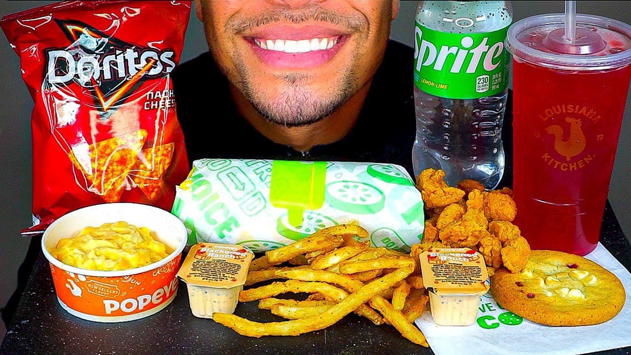 POPEYES SUBWAY MUKBAN EATING SHOW SOUNDS BIG BITES NO TALKING CHALLENGE ASMR JERRY