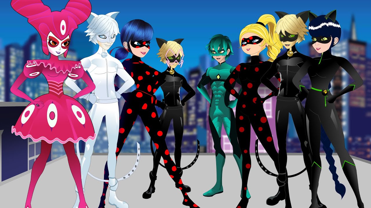 Viperion, Antibug Cloe, Ladynoir y Cat Noir vs Cat Noir, Antibug Marinette, Reflekdoll y Cat Blanc