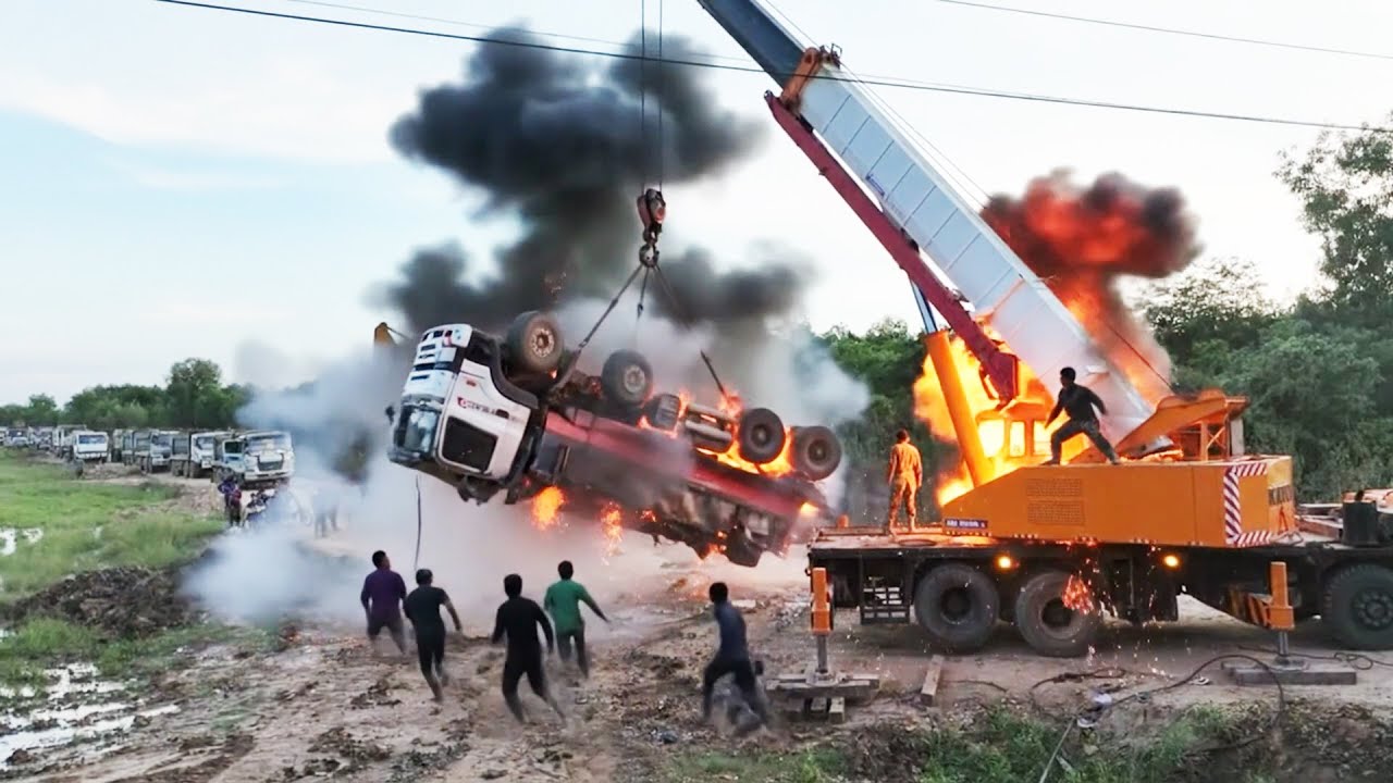 Dangerous and tense situation unfolds truck overturns into a muddy canal  extreme recovery