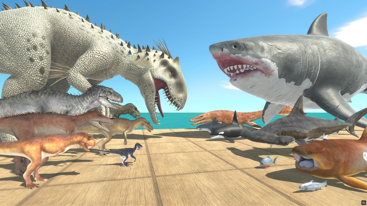 Dinosaur Battlefield on the Bridge - Indominus Rex VS Megalodon