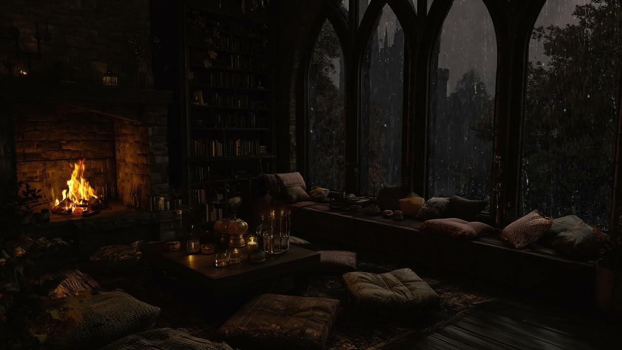 Fall Asleep Fast in a Dark Castle Bedroom Ambience🔥Cozy Fireplace & Rain Sound for Sleep & Study