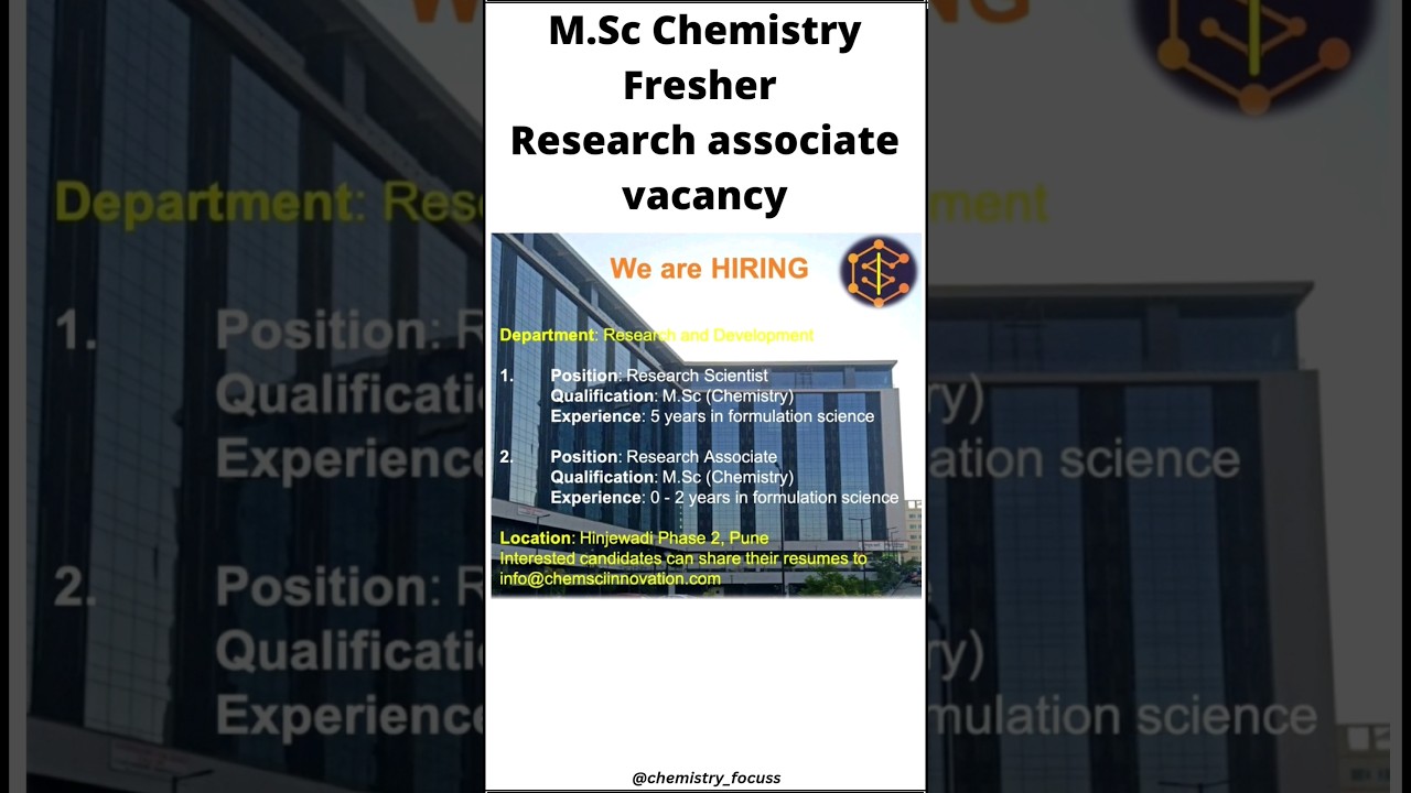 M.Sc Chemistry Fresher Research associate job vacancy at Pune #mscchemistryjobs #fresherjobs
