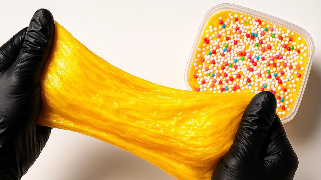 Super Satisfying Yellow Slime Stretch with Crunchy Foam Beads