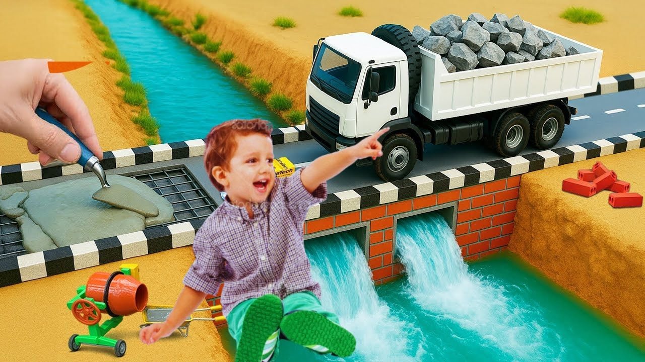 After a Dinosaur Destroys the Bridge, a Scientific Project Rebuilds a Brick Bridge for Trucks.