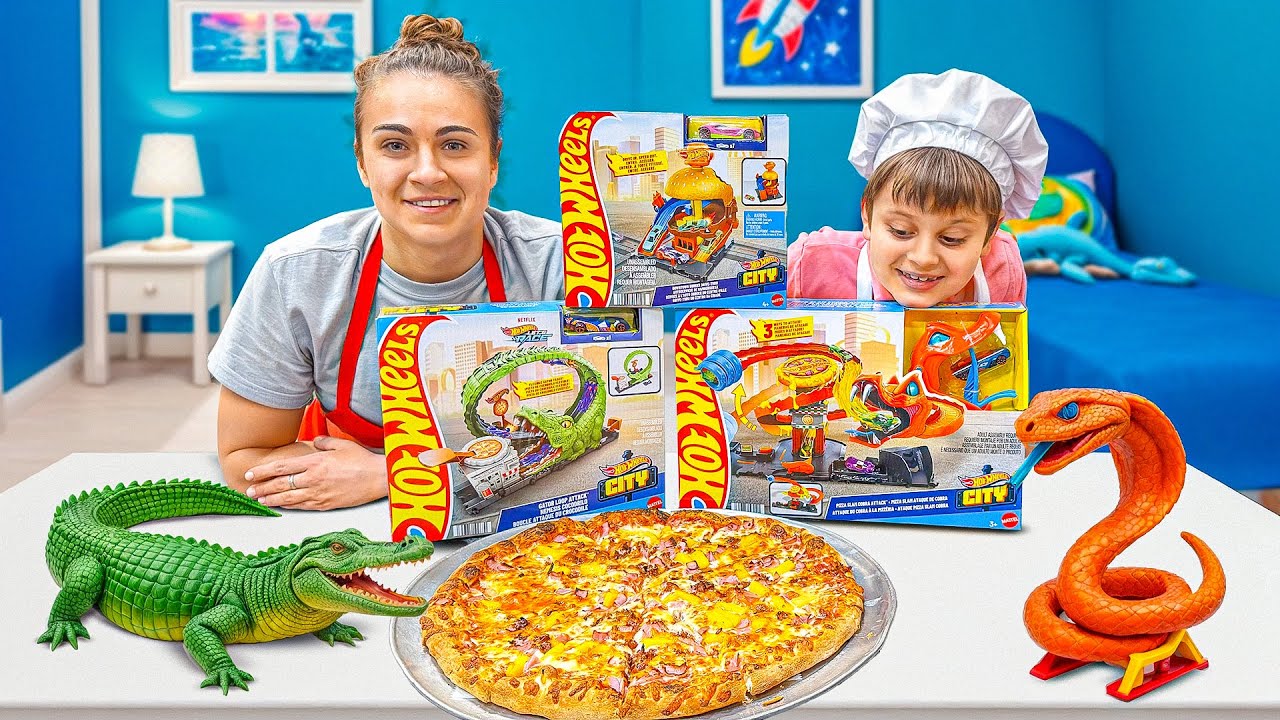 Hot Wheels City Pizza Pretend Play! Gator, Cobra & Burger Toy Car Adventures for Kids!