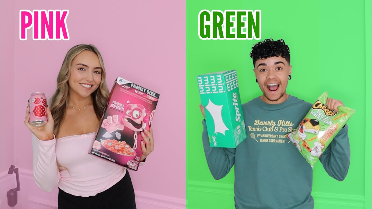 Eating Only ONE Color Of Food For 24 Hours! PINK vs GREEN