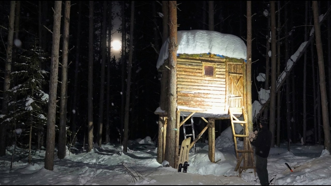 Night Visit to a Treehouse | Shelter from Cold and Wind