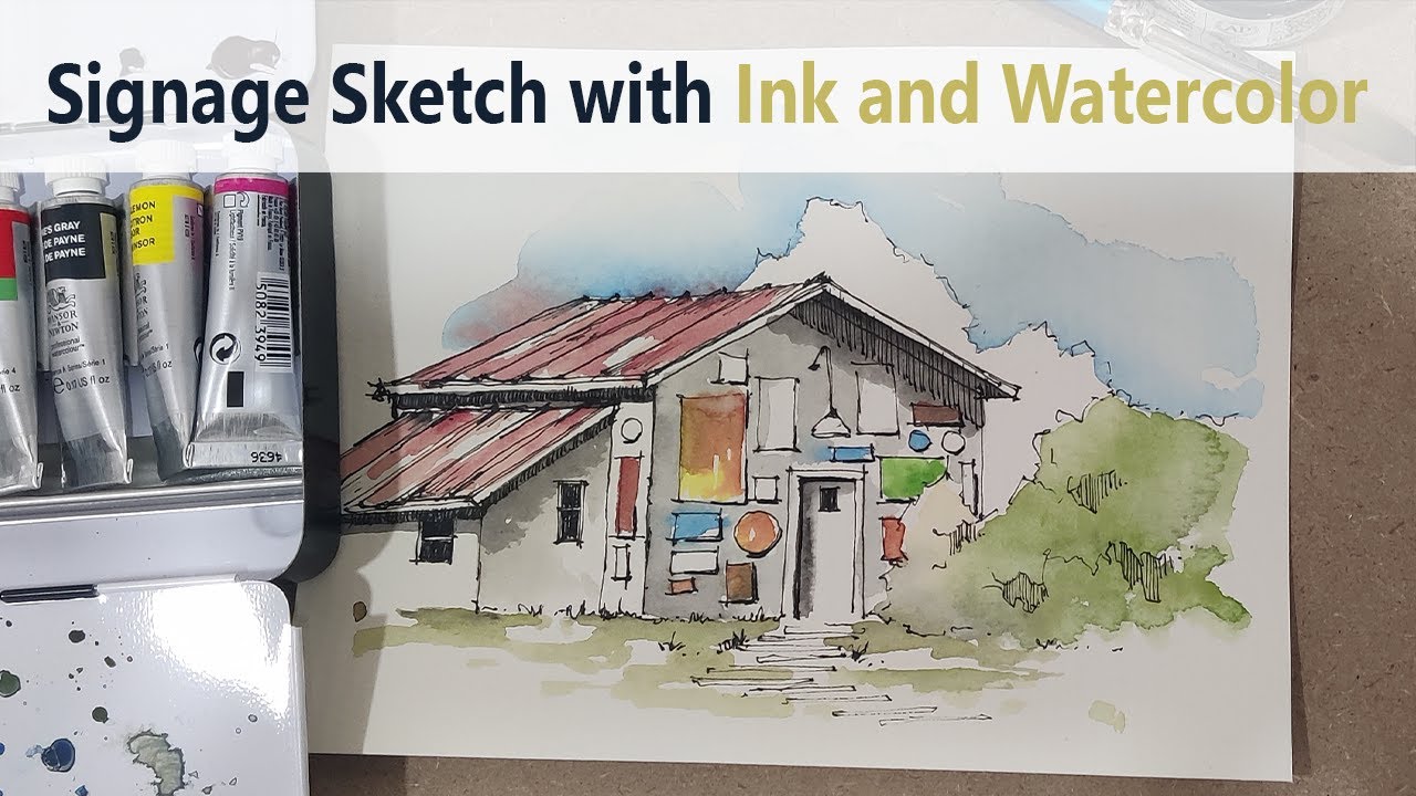 Signage sketch with ink and watercolor #16