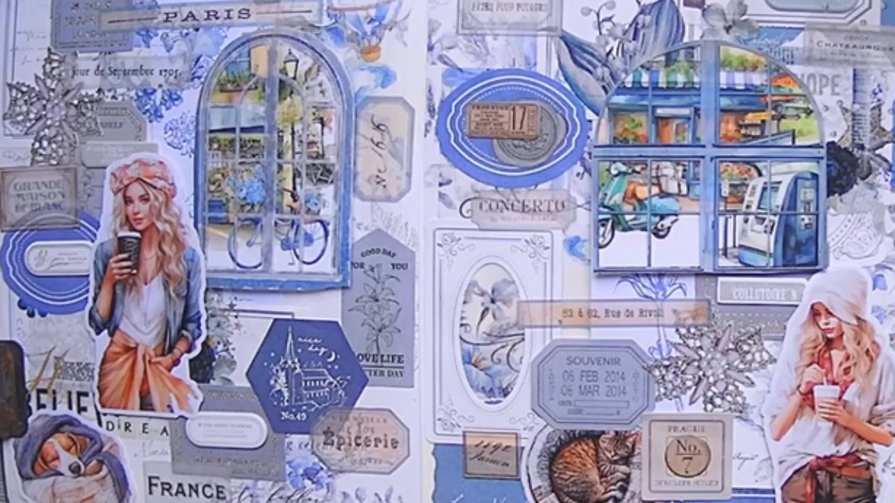 Building a Blue Paris Collage with Vintage Travel Ephemera | ASMR (no talking)