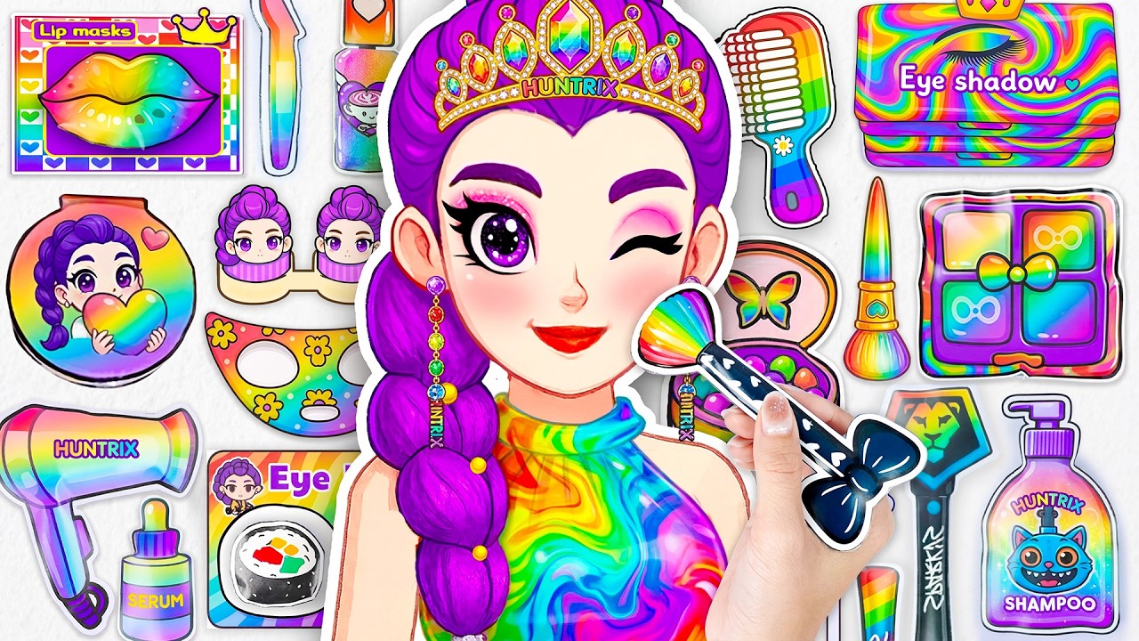 💋DIY de Papel💋 KPOP DEMON HUNTERS Huntrix Rumi Glow Up Cabello Colorida + Maquillaje Blind Bag💄