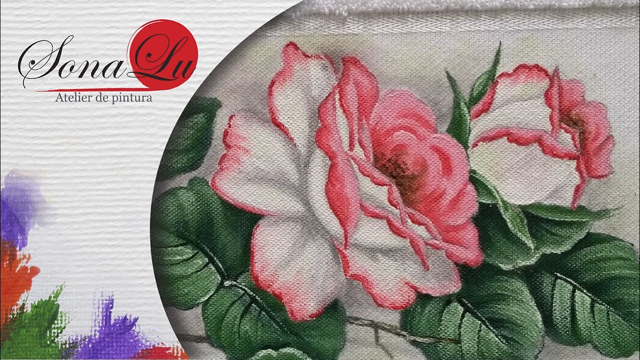 Aula 824 - Rosa Branca com Detalhes em Rosa em Toalha de Rosto