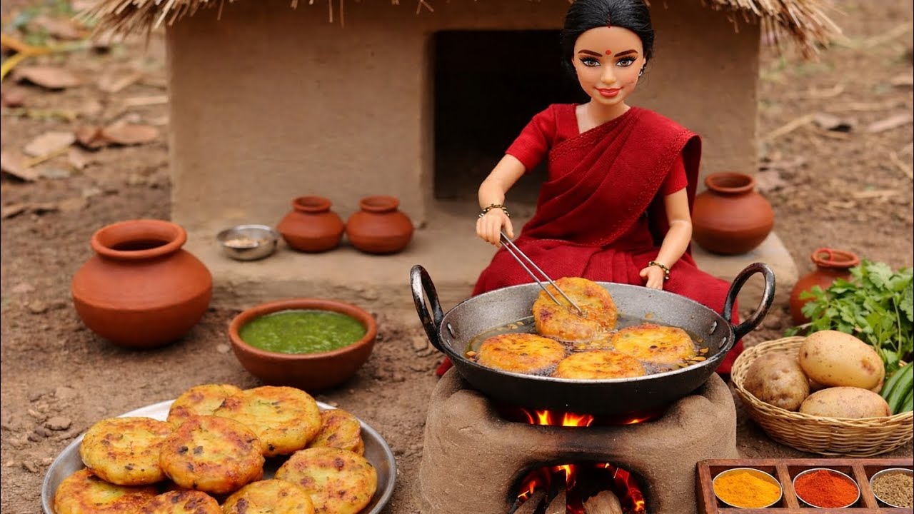 Miniature Doll Aloo Tikki Cooking ASMR | Indian Village Tiny Kitchen 