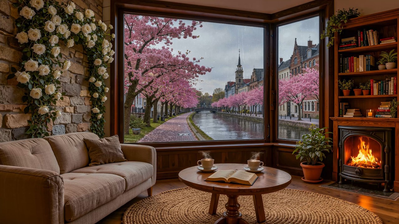 Calm Spring Rain Jazz | Coffee Shop Ambience with Soft Piano Jazz & Fireplace Sounds for Focus