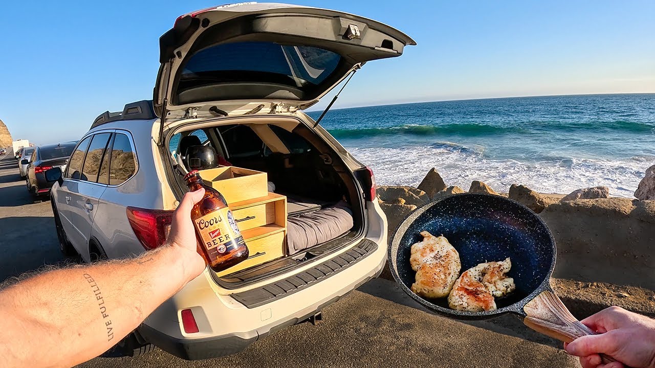 Cooking Beer Can Chicken Out of My Car at the Beach - Camping Meal
