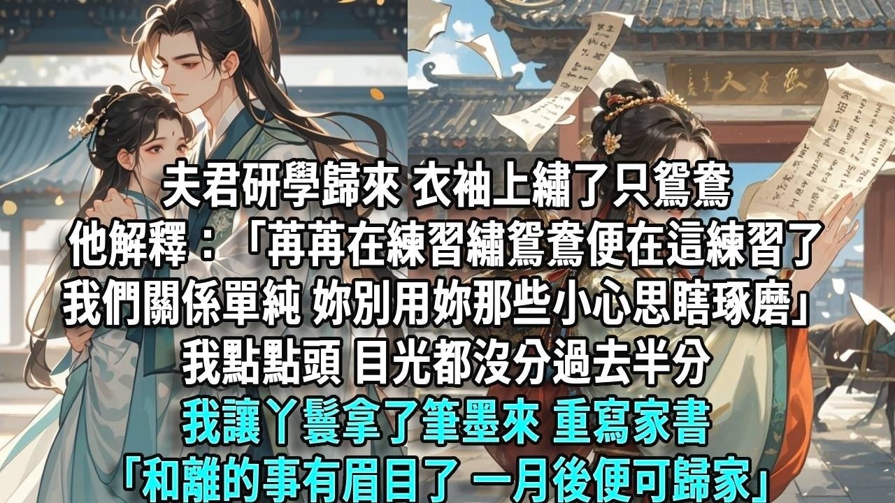 夫君研學歸來，衣袖上繡了只鴛鴦。他解釋：「苒苒在練習繡鴛鴦，便在這練習了。我們關係單純，你別用你那些小心思瞎琢磨。」我點點頭，目光都沒分過去半分。我拿筆墨重寫家書「和離的事有眉目了，一月後歸家。