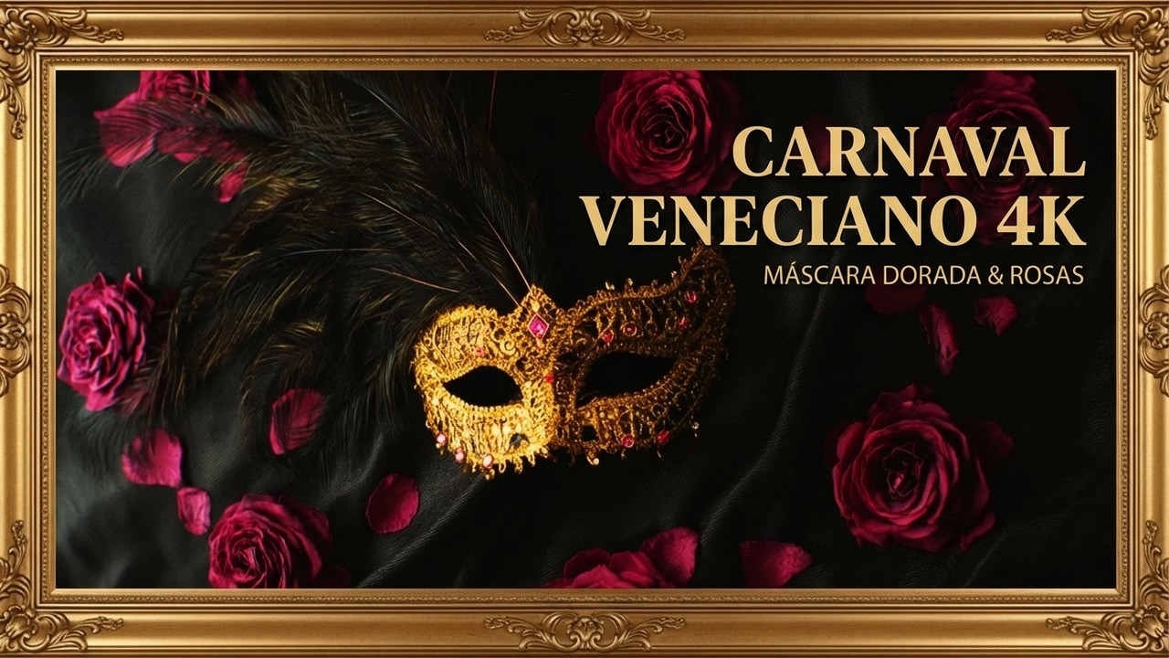 Carnaval Veneciano 4K | Máscara Dorada y Rosas Rojas | Salvapantallas para TV (2 Horas, Sin Música)
