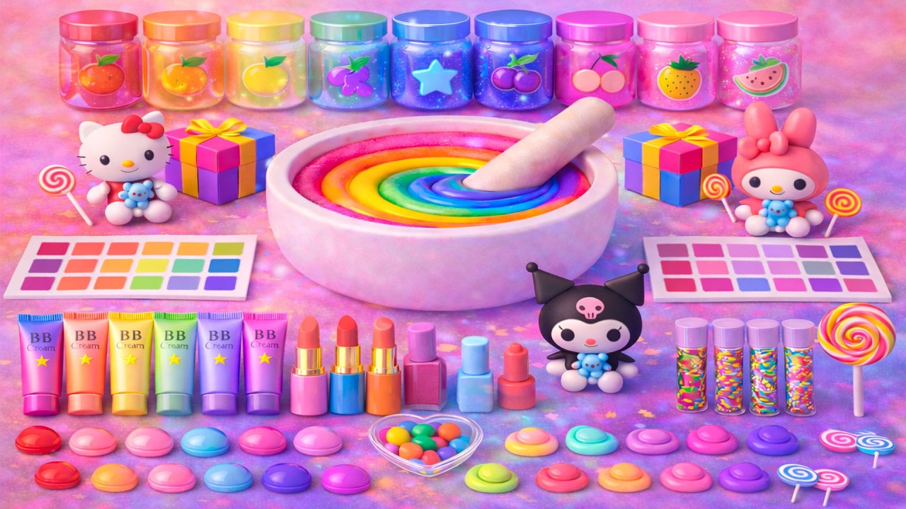 ASMR DIY слайм видео 🌈 Радужный Китти облачный слайм с косметикой, тенями, игрушки, бусин, блёстками