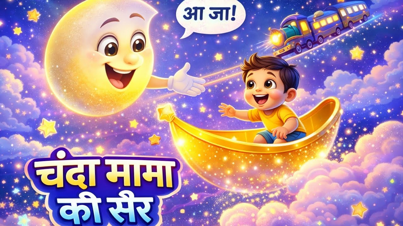 “चंदा मामा की सैर 🌙 | Hindi Kids Cartoon Song | Moon Adventure Poem for Kids | Laddu Kids, 