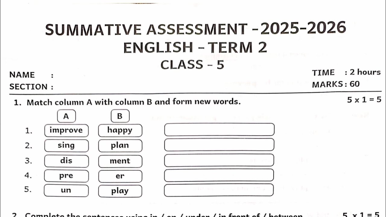 Fifth standard English term 2 summative assessment question paper and answers