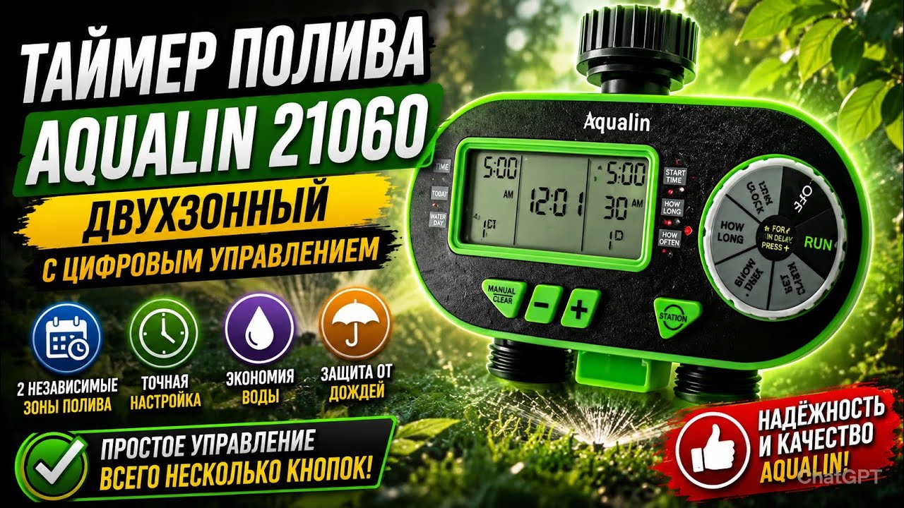 Таймер полива Aqualin 21060 двухзонный с цифровым управлением