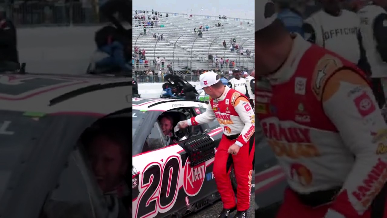 John Hunter Nemechek congratulating Christopher Bell... with water 💧