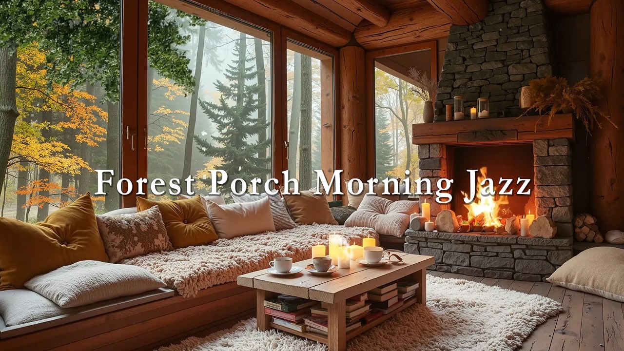 Forest Porch Morning Jazz ☀️ Fireplace Glow & Calm Mountain Retreat Vibes