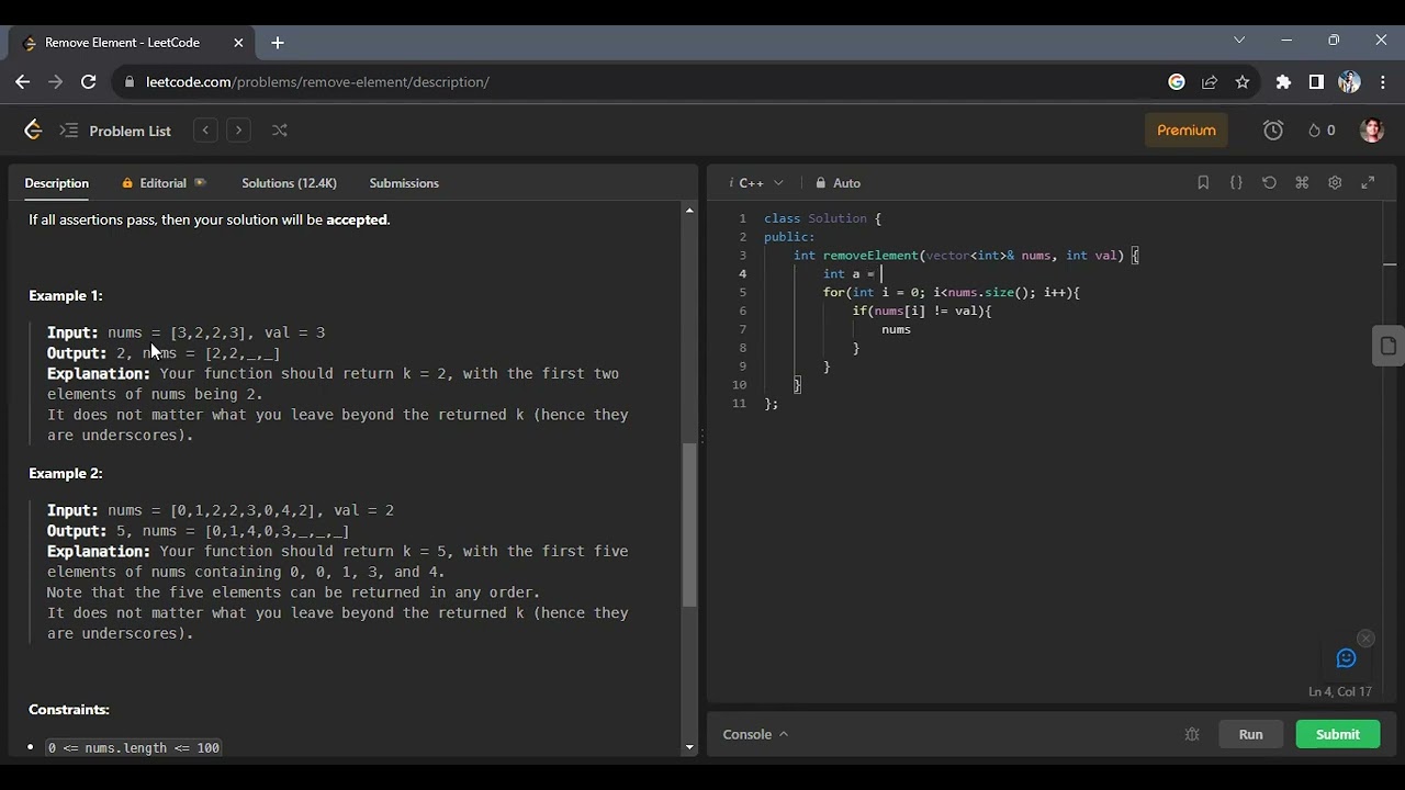 remove element problem solution | leetcode problem solution in c++