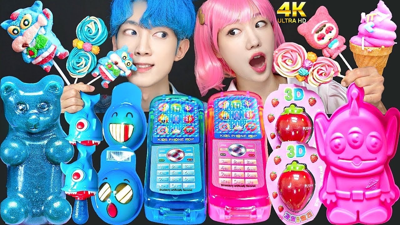 ASMR MUKBANG PINK BLUE FOOD HONEY JELLY GUMMY ICE CREAM CHOCOLATE DESSERTS MUKBANG EATING SOUNDS