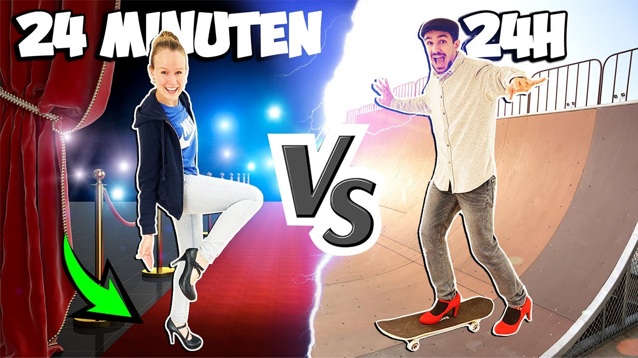 24H vs 24MIN HIGH HEELS CHALLENGE! SKATEBOARD FAHREN, CATWALK, TREPPEN LAUFEN!