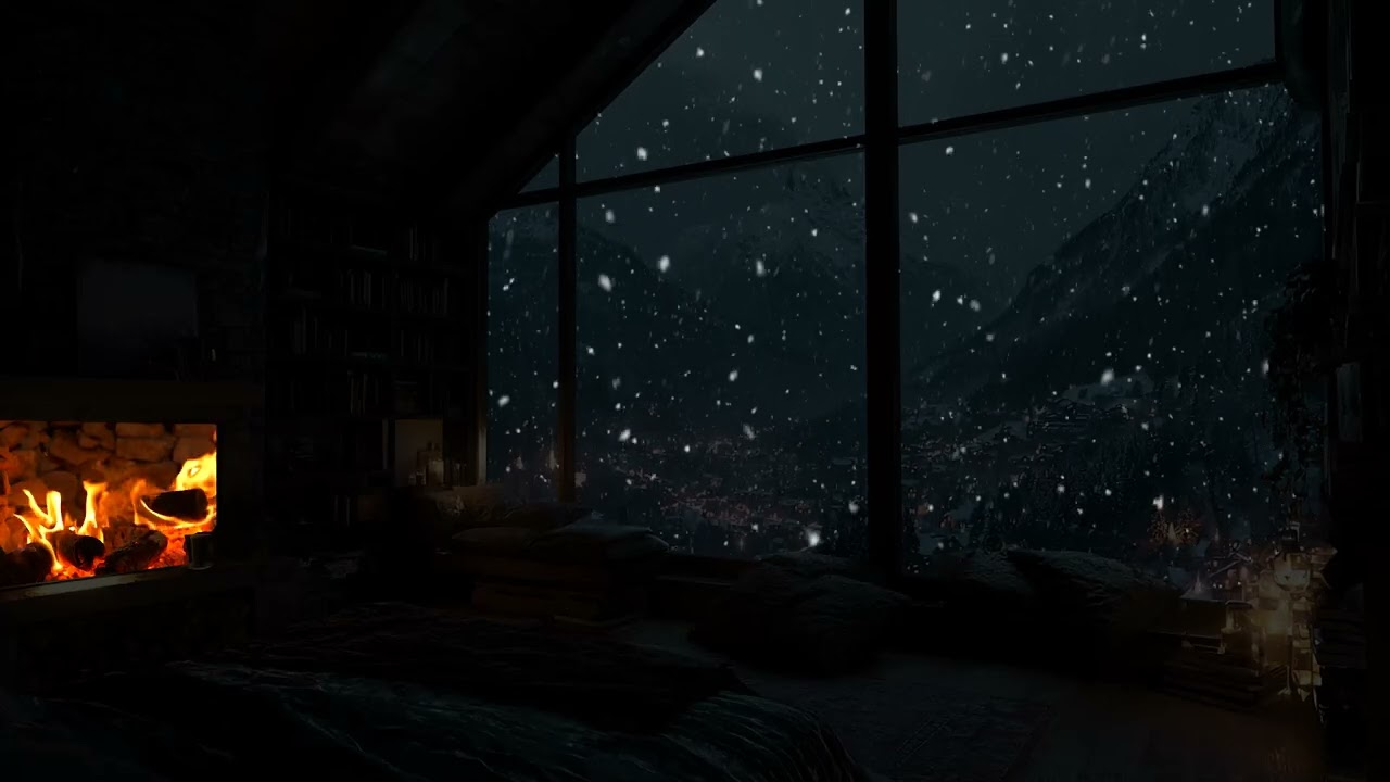 Fireplace Night Cabin Ambience  Heavy Snowfall, Warm Lights & Fireplace Sounds for Deep Sleep