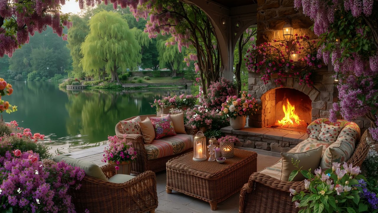 Fresh Spring Morning by the Lake 🌸 Gentle Piano & Soft Fireplace for Relax & Work