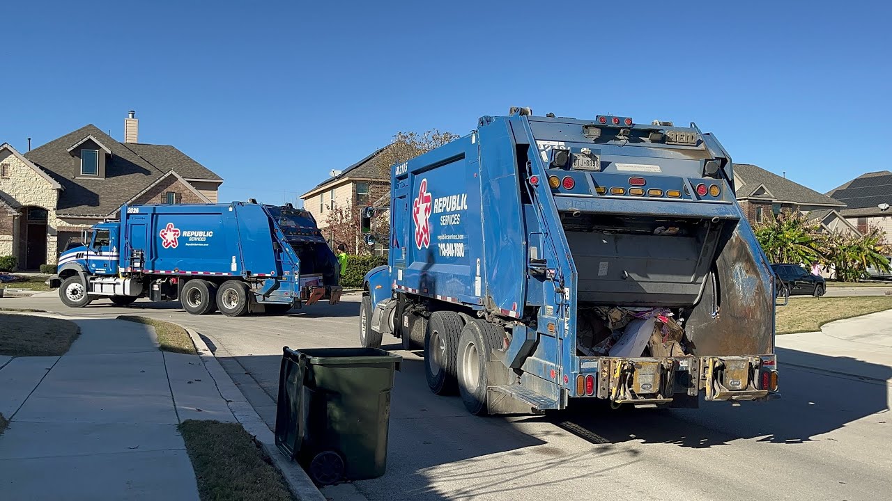 Republic Services Garbage Trucks Collecting Heavy Post Christmas Trash + Recycling